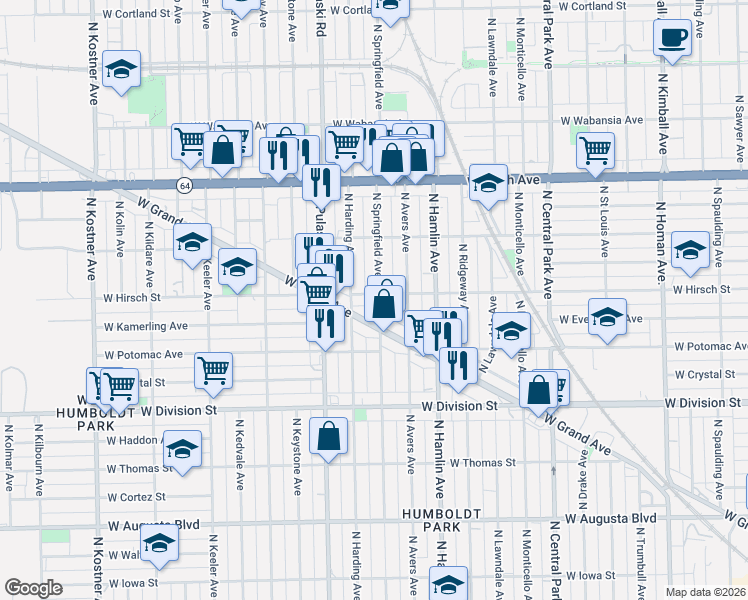 map of restaurants, bars, coffee shops, grocery stores, and more near 3910 West Grand Avenue in Chicago