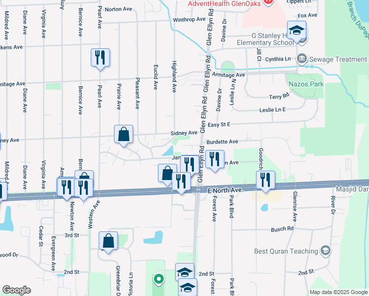 map of restaurants, bars, coffee shops, grocery stores, and more near 538C James Court in Glendale Heights