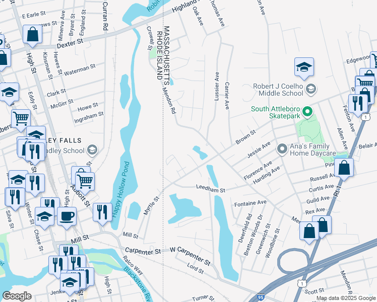 map of restaurants, bars, coffee shops, grocery stores, and more near 395 Brown Street in Attleboro