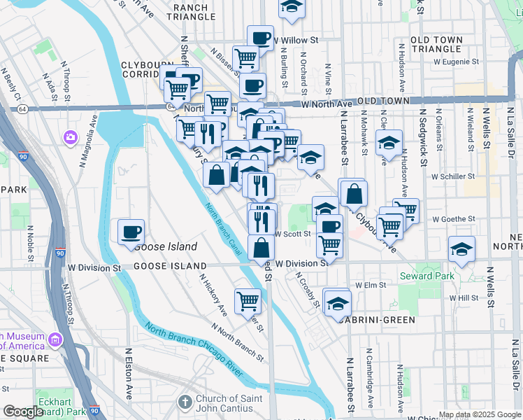 map of restaurants, bars, coffee shops, grocery stores, and more near 1311 North Halsted Street in Chicago