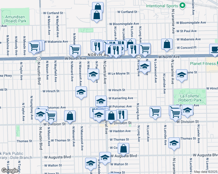 map of restaurants, bars, coffee shops, grocery stores, and more near 5523 West Hirsch Street in Chicago
