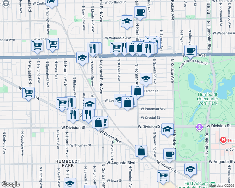 map of restaurants, bars, coffee shops, grocery stores, and more near 3452 West Evergreen Avenue in Chicago