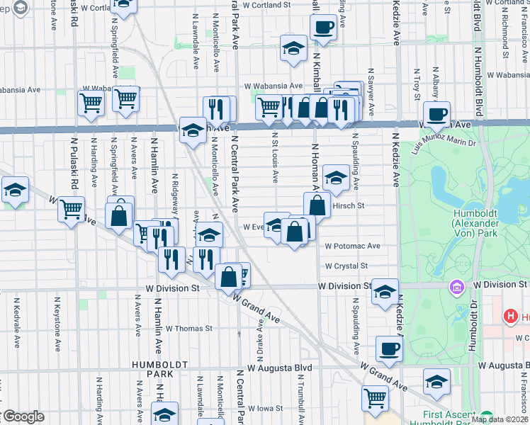 map of restaurants, bars, coffee shops, grocery stores, and more near 3530 West Evergreen Avenue in Chicago