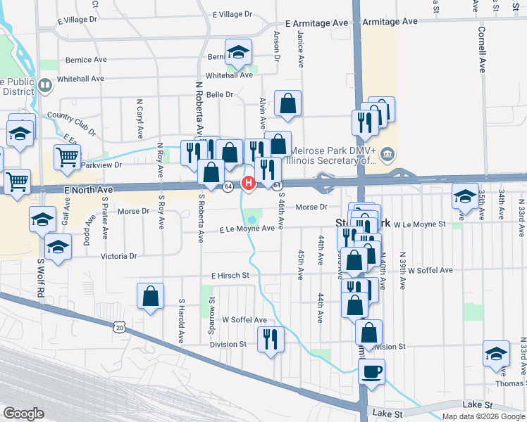 map of restaurants, bars, coffee shops, grocery stores, and more near 322 East Le Moyne Avenue in Northlake