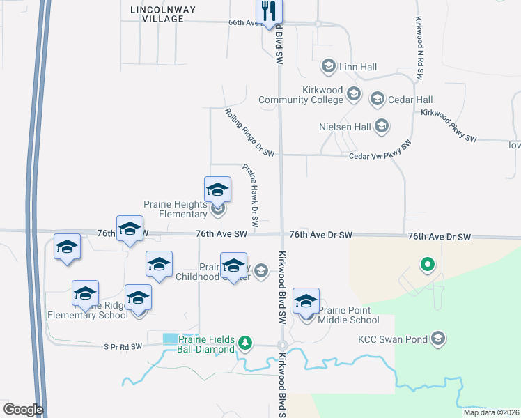 map of restaurants, bars, coffee shops, grocery stores, and more near 115 Prairie Hawk Ct SW in Cedar Rapids