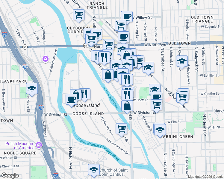 map of restaurants, bars, coffee shops, grocery stores, and more near 860 West Evergreen Avenue in Chicago