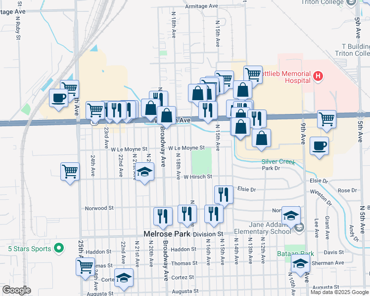 map of restaurants, bars, coffee shops, grocery stores, and more near 1747 West Le Moyne Street in Melrose Park
