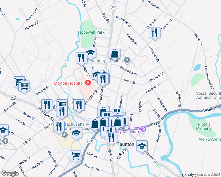 map of restaurants, bars, coffee shops, grocery stores, and more near 18 Randall Street in Taunton