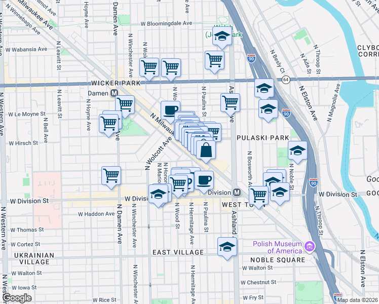 map of restaurants, bars, coffee shops, grocery stores, and more near 1348 North Milwaukee Avenue in Chicago