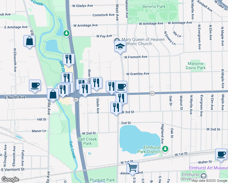 map of restaurants, bars, coffee shops, grocery stores, and more near 538 West North Avenue in Elmhurst