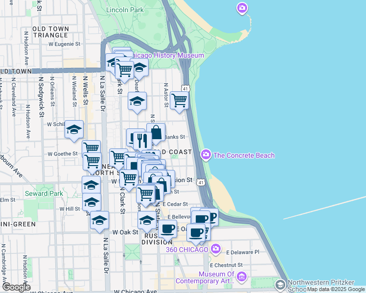 map of restaurants, bars, coffee shops, grocery stores, and more near 1250 U.S. 41 in Chicago