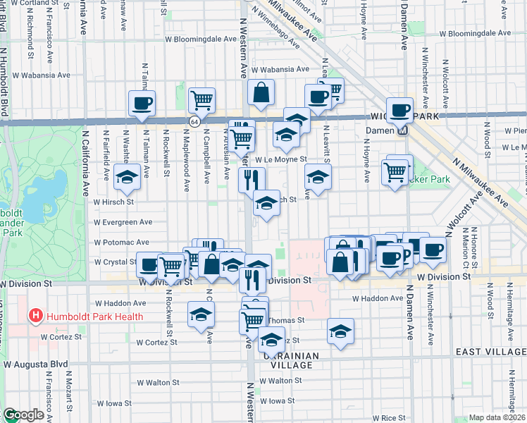 map of restaurants, bars, coffee shops, grocery stores, and more near 1313 North Claremont Avenue in Chicago