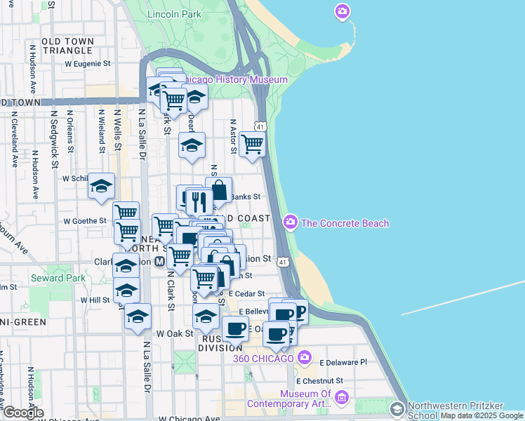 map of restaurants, bars, coffee shops, grocery stores, and more near 1250 U.S. 41 in Chicago