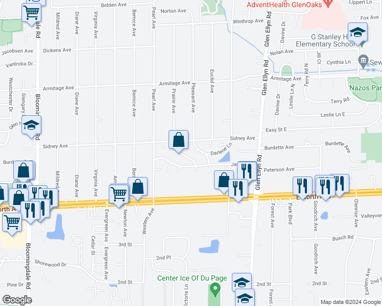 map of restaurants, bars, coffee shops, grocery stores, and more near 1279 Prairie Avenue in Glendale Heights