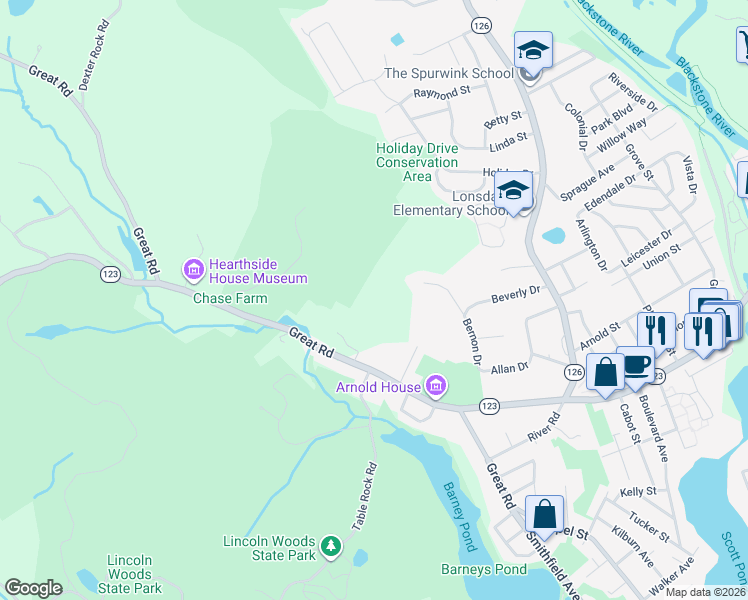 map of restaurants, bars, coffee shops, grocery stores, and more near 555 Great Road in Lincoln