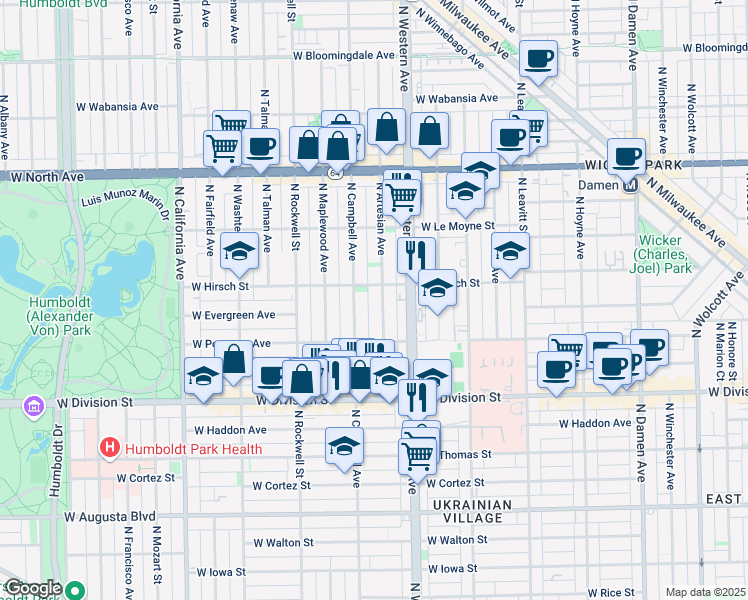 map of restaurants, bars, coffee shops, grocery stores, and more near 1320 North Artesian Avenue in Chicago