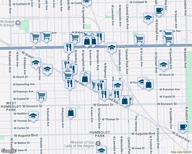 map of restaurants, bars, coffee shops, grocery stores, and more near 1364 North Hamlin Avenue in Chicago