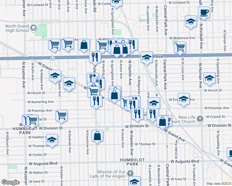 map of restaurants, bars, coffee shops, grocery stores, and more near 1324 North Avers Avenue in Chicago