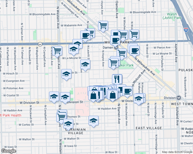 map of restaurants, bars, coffee shops, grocery stores, and more near 2131 West Evergreen Avenue in Chicago