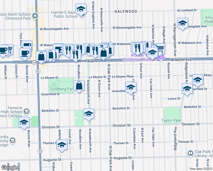 map of restaurants, bars, coffee shops, grocery stores, and more near in Oak Park