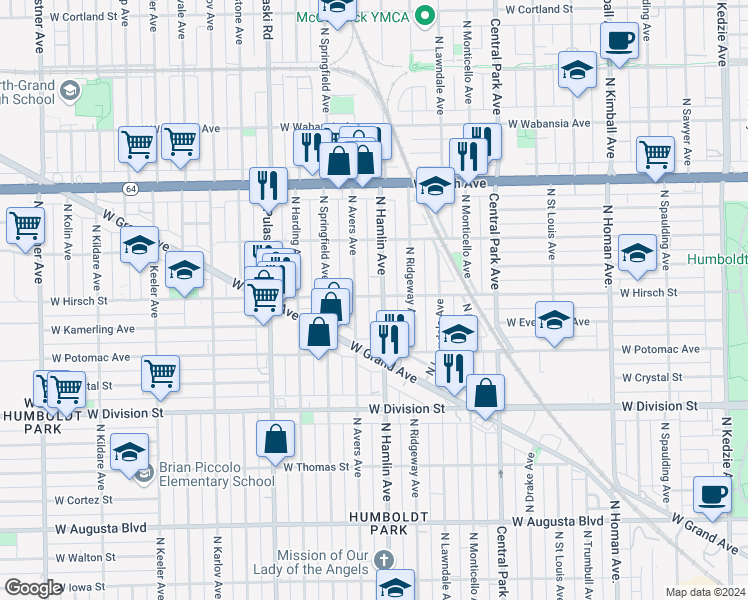 map of restaurants, bars, coffee shops, grocery stores, and more near 3807 West Hirsch Street in Chicago