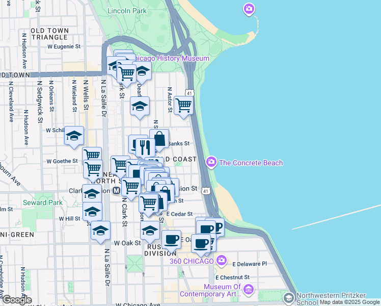 map of restaurants, bars, coffee shops, grocery stores, and more near 1300 North Lake Shore Drive in Chicago