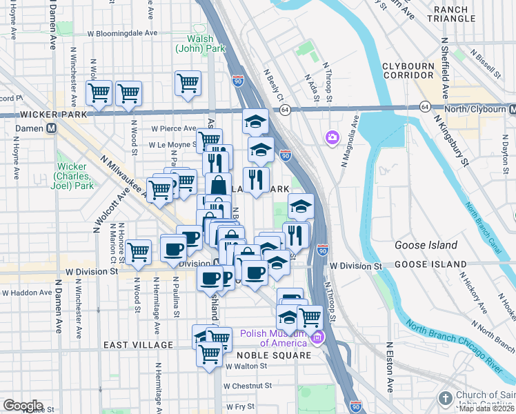 map of restaurants, bars, coffee shops, grocery stores, and more near 1310 North Cleaver Street in Chicago