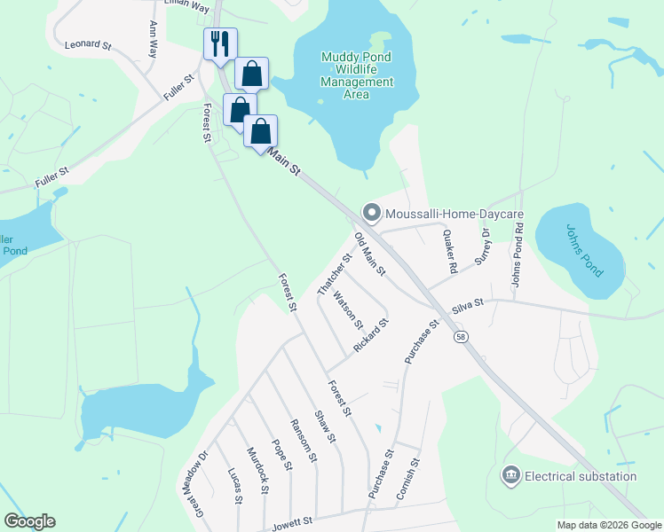 map of restaurants, bars, coffee shops, grocery stores, and more near 9 Watson Street in Carver