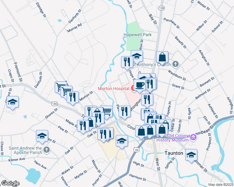 map of restaurants, bars, coffee shops, grocery stores, and more near 31 Park Street in Taunton