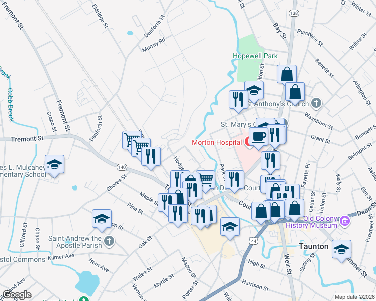 map of restaurants, bars, coffee shops, grocery stores, and more near 12 Chandler Avenue in Taunton