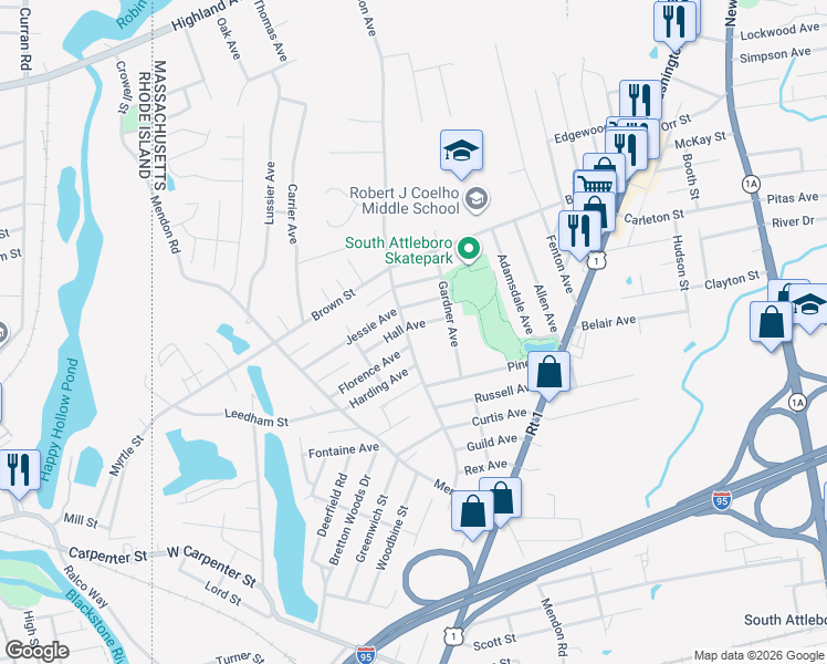 map of restaurants, bars, coffee shops, grocery stores, and more near 344 Robinson Avenue in Attleboro