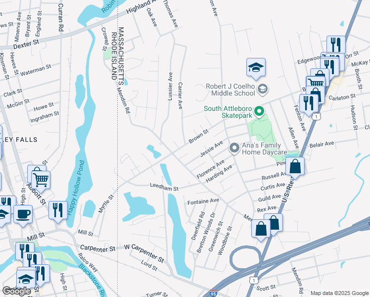 map of restaurants, bars, coffee shops, grocery stores, and more near 387 Mendon Road in Attleboro