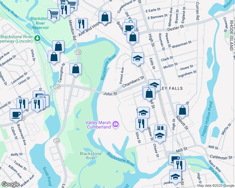 map of restaurants, bars, coffee shops, grocery stores, and more near 41 Elizabeth Street in Cumberland