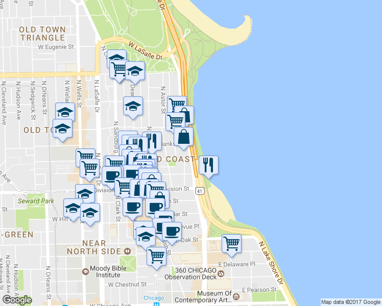 map of restaurants, bars, coffee shops, grocery stores, and more near 1351 North Lake Shore Drive in Chicago
