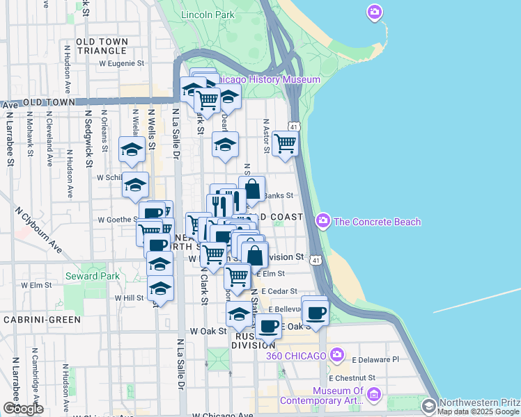 map of restaurants, bars, coffee shops, grocery stores, and more near 1255 North State Parkway in Chicago