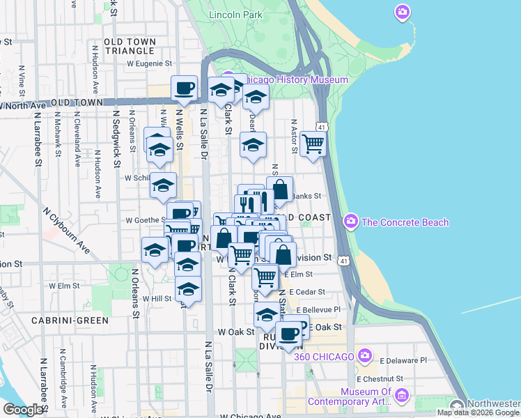 map of restaurants, bars, coffee shops, grocery stores, and more near in Chicago