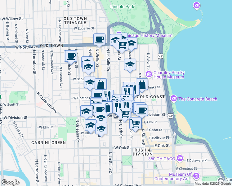 map of restaurants, bars, coffee shops, grocery stores, and more near 1255 North Clark Street in Chicago