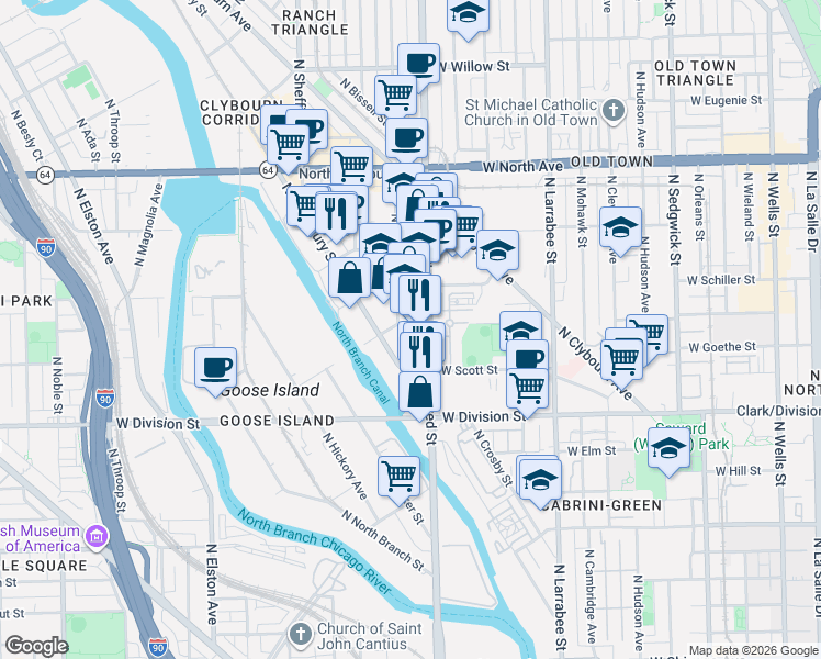 map of restaurants, bars, coffee shops, grocery stores, and more near 1335 North Kingsbury Street in Chicago