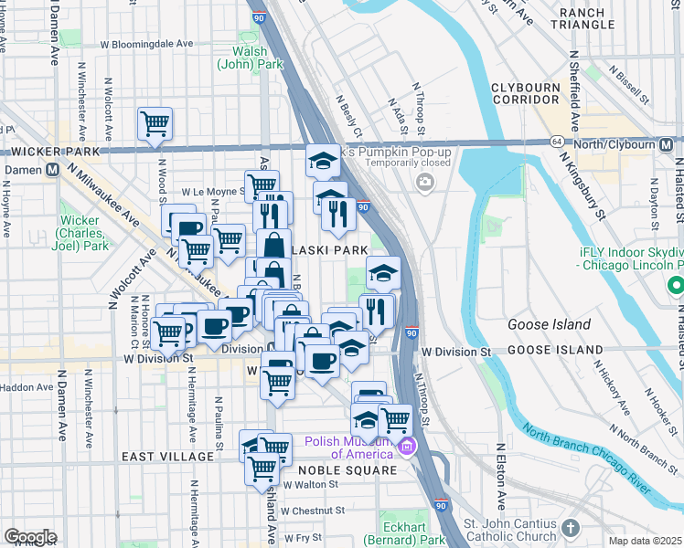 map of restaurants, bars, coffee shops, grocery stores, and more near 1310 North Cleaver Street in Chicago
