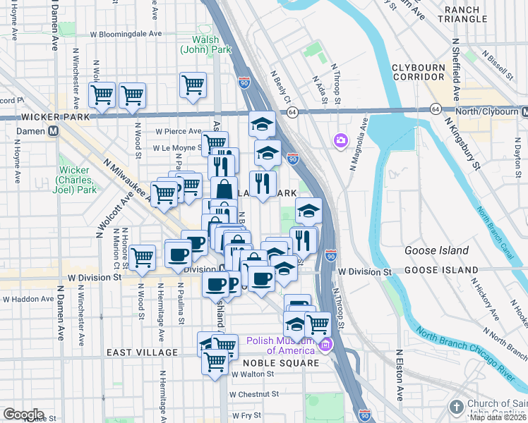 map of restaurants, bars, coffee shops, grocery stores, and more near 1310 North Cleaver Street in Chicago