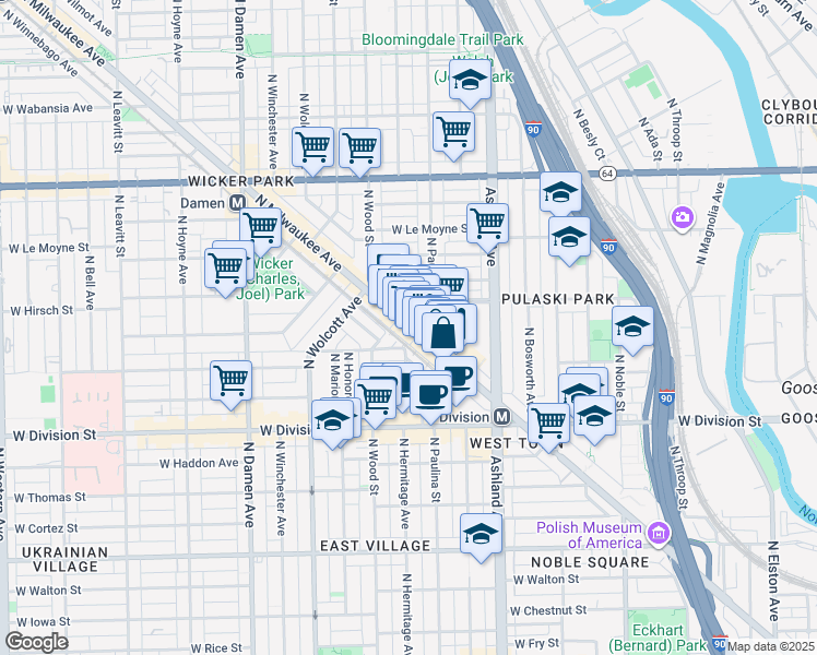 map of restaurants, bars, coffee shops, grocery stores, and more near 1324 North Milwaukee Avenue in Chicago