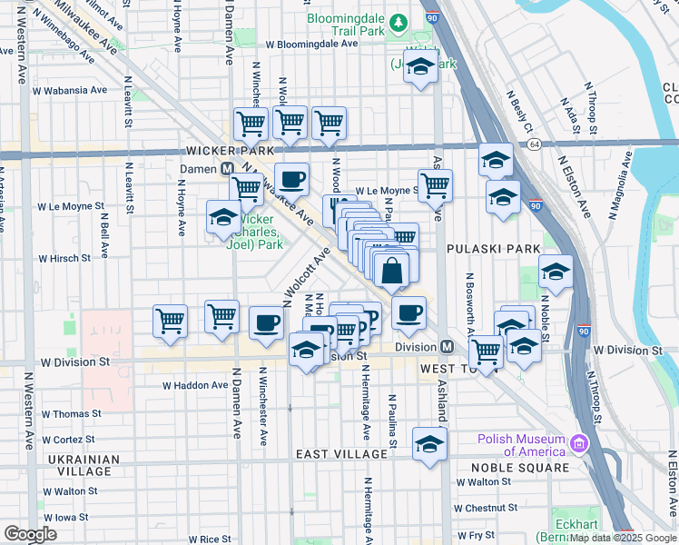 map of restaurants, bars, coffee shops, grocery stores, and more near 1741 West Ellen Street in Chicago