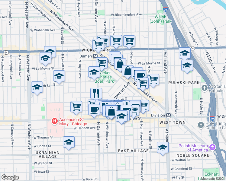 map of restaurants, bars, coffee shops, grocery stores, and more near 1904 West Ellen Street in Chicago