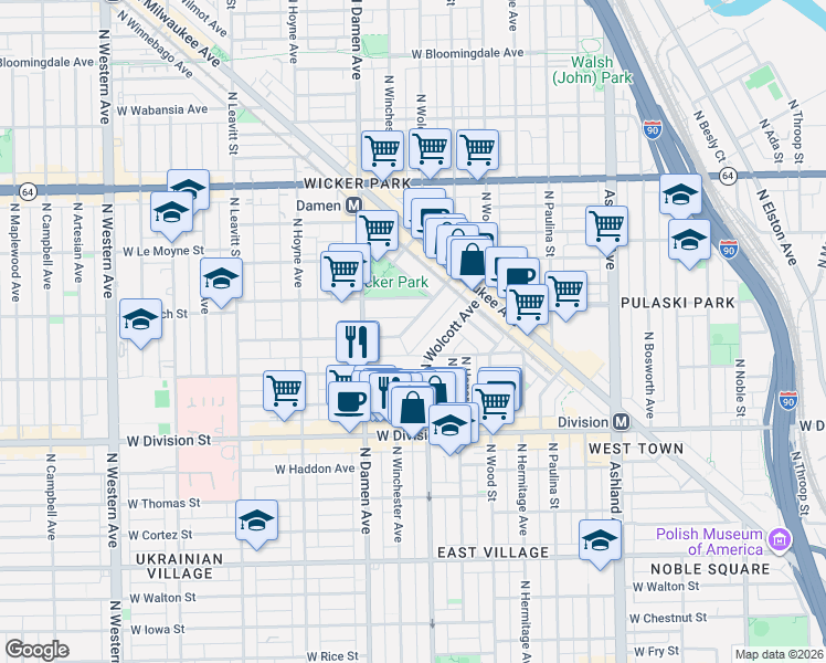 map of restaurants, bars, coffee shops, grocery stores, and more near 1904 West Ellen Street in Chicago