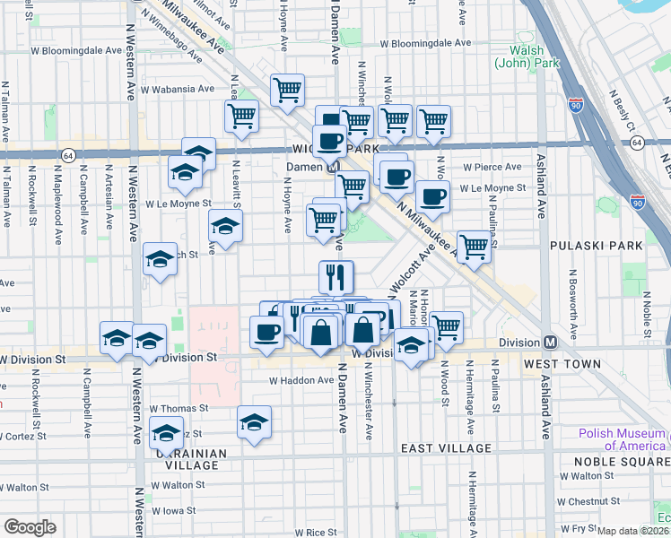 map of restaurants, bars, coffee shops, grocery stores, and more near 2017 West Evergreen Avenue in Chicago