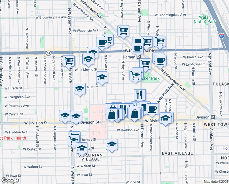 map of restaurants, bars, coffee shops, grocery stores, and more near 2131 West Evergreen Avenue in Chicago