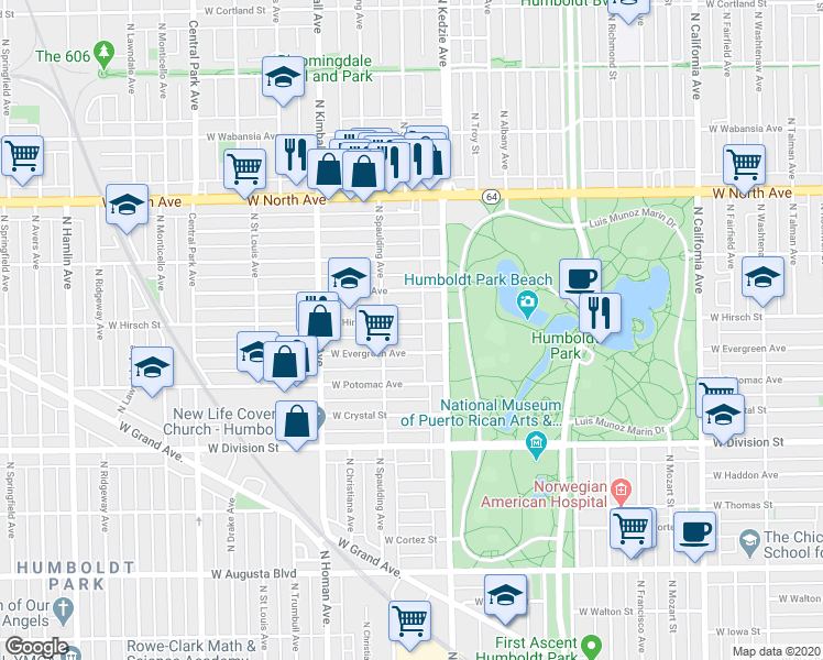map of restaurants, bars, coffee shops, grocery stores, and more near 3227 West Evergreen Avenue in Chicago