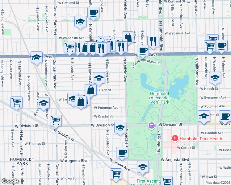 map of restaurants, bars, coffee shops, grocery stores, and more near 3227 West Evergreen Avenue in Chicago