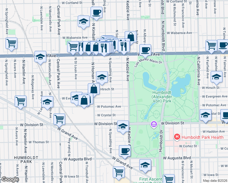 map of restaurants, bars, coffee shops, grocery stores, and more near 3301 West Evergreen Avenue in Chicago