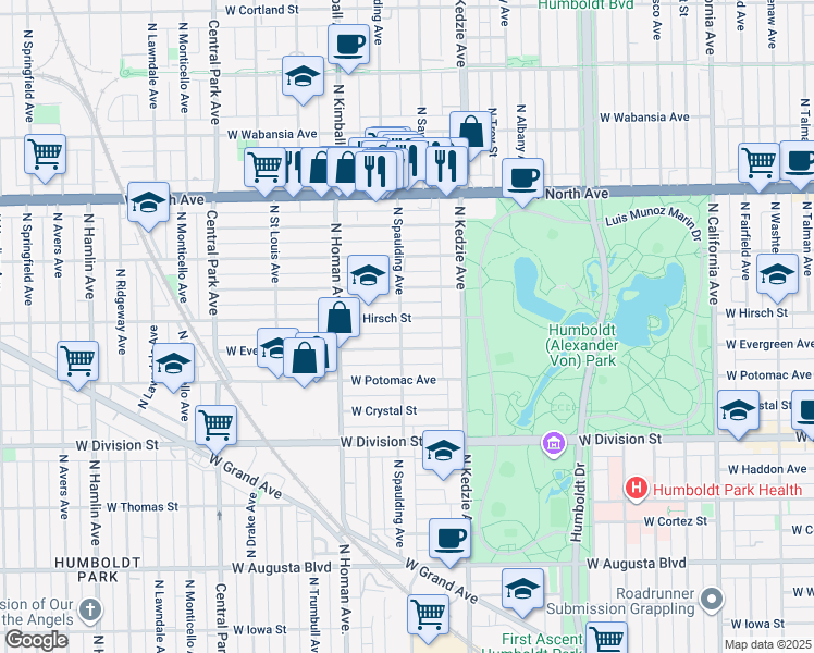 map of restaurants, bars, coffee shops, grocery stores, and more near 3301 West Evergreen Avenue in Chicago